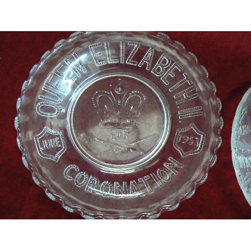 280 - 2 X GLASS CORONATION COMMEMORATIVE PLATES. KING GEORGE VI 1937, AND QUEEN ELIZABETH 1953.