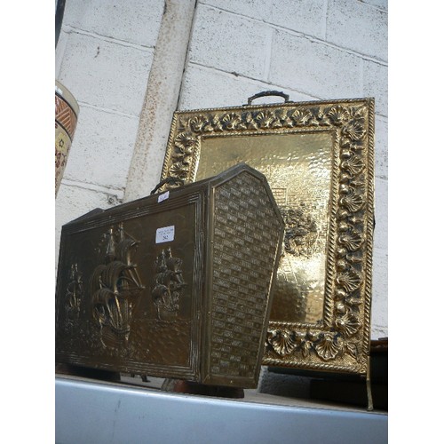 290 - VINTAGE EMBOSSED BRASS FIRE SCREEN AND MAGAZINE RACK. SCREEN FEATURING MEN PLAYING CARDS OUTSIDE A T... 