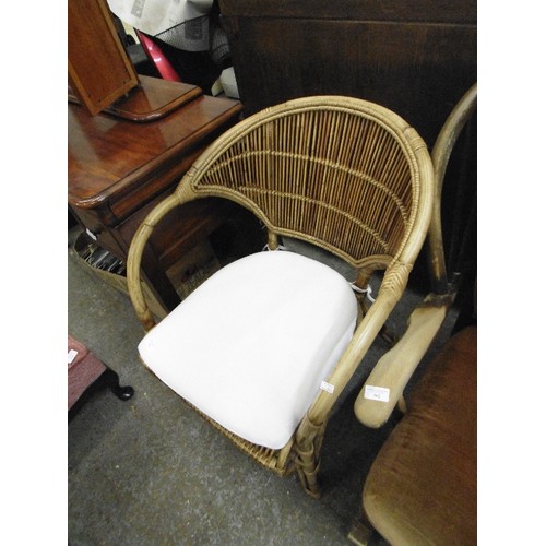 304 - CANE CONSERVATORY CHAIR WITH CREAM SEAT PAD.