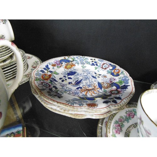 197 - 3 X IRONSTONE CHINA PLATES, AND A PART-SET OF 'INDIAN TREE' BY JOHNSON BROS, WHICH INCLUDES PLATES, ... 