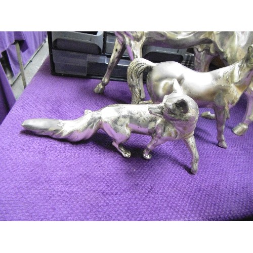 204 - LARGE HORSE, SMALLER HORSE AND FOX. IN SILVERED METAL.