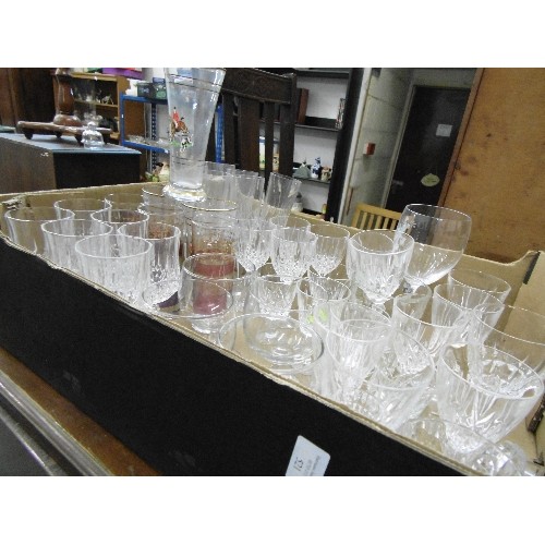 350 - QUANTITY OF DRINKING GLASSES. INC SOME RETRO BEAKERS WITH FOX-HUNT DESIGN, CUT-GLASS FLUTES, WINE, T... 