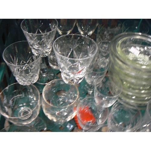 359 - CRATE OF LEAD CRYSTAL WHISKY TUMBLERS WINE GLASSES, SMALL TUMBLERS, MIXED GLASSES ETC. SOME NIBBLES,... 