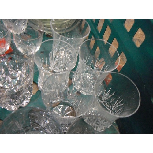 359 - CRATE OF LEAD CRYSTAL WHISKY TUMBLERS WINE GLASSES, SMALL TUMBLERS, MIXED GLASSES ETC. SOME NIBBLES,... 