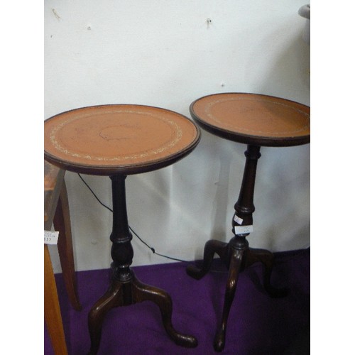 115 - PAIR OF SMALL EMBOSSED LEATHER-TOPPED WINE TABLES, ON TRIPOD BASE.