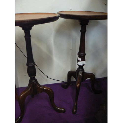 115 - PAIR OF SMALL EMBOSSED LEATHER-TOPPED WINE TABLES, ON TRIPOD BASE.