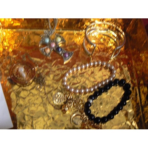 240 - MIXED COSTUME JEWELLERY, INC CLIP-ON EARRINGS, BEADS AND BANGES ETC.