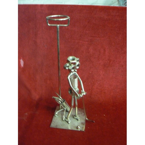 243 - NUTS & BOLTS GOLFER, A RED CAR AVON AFTERSHAVE DECANTER, & 2 X CRINOLIN LADIES.