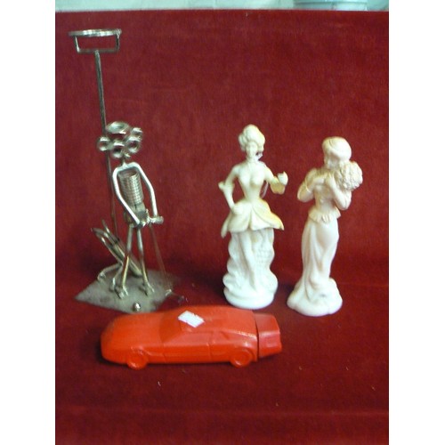 243 - NUTS & BOLTS GOLFER, A RED CAR AVON AFTERSHAVE DECANTER, & 2 X CRINOLIN LADIES.