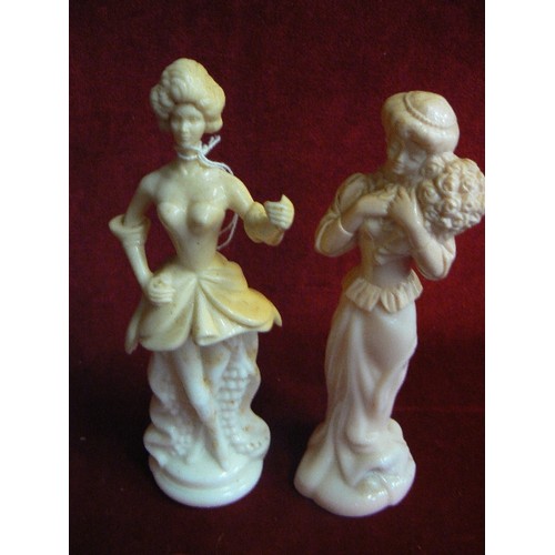 243 - NUTS & BOLTS GOLFER, A RED CAR AVON AFTERSHAVE DECANTER, & 2 X CRINOLIN LADIES.