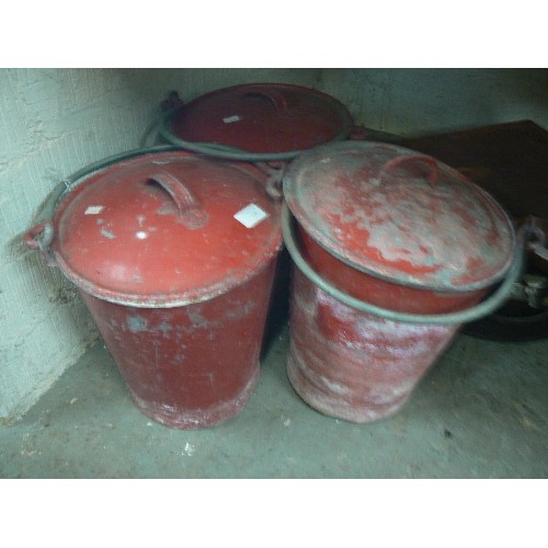 138 - 3 X VINTAGE METAL FIRE BUCKETS. PAINTED RED.