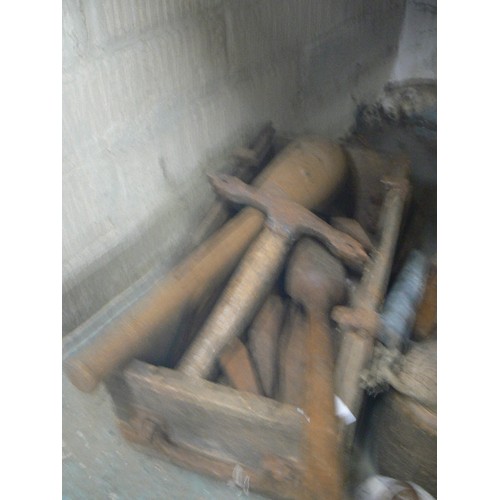 140 - VINTAGE MASONRY/STONE-CUTTING TOOLS. CONTAINED IN OLD WOODEN BOX.