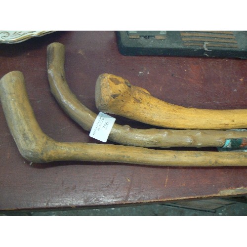 256 - 3 X KNOBBLY WOOD WALKING STICKS, 1 HAS METAL BADGES 'INNSBRUCK' ETC, ALSO A BACK-SCTRATCHER/SHOE HOR... 