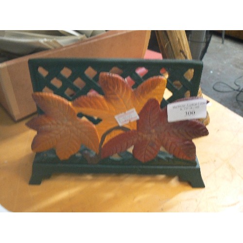 300 - CAST METAL LETTER RACK WITH AUTUMN LEAF DETAIL.