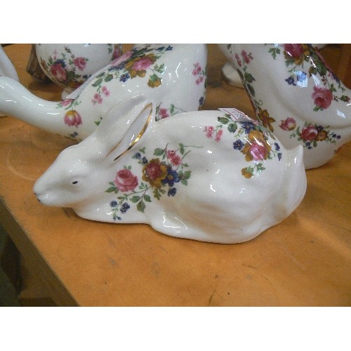 299 - PRETTY COLLECTION OF PINK-ROSE CHINA. 7 PCS INC DUCKS, RABBIT, CAT, SMALL VASES. CROWN, STAFFORDSHIR... 