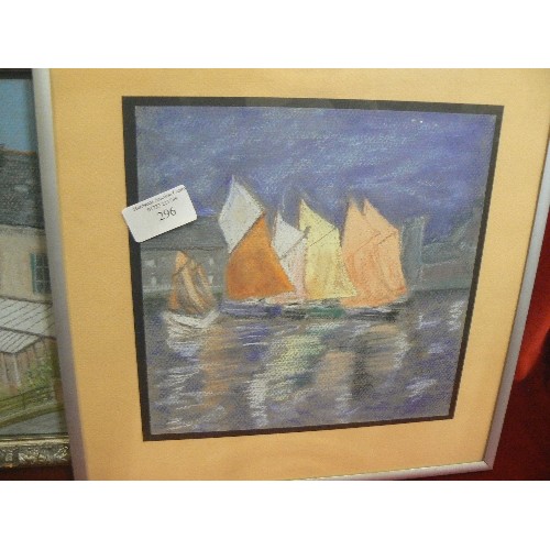 296 - 2 X FRAMED/GLAZED CHALK DRAWINGS. SAIL SHIPS AND A PRETTY GARDEN.