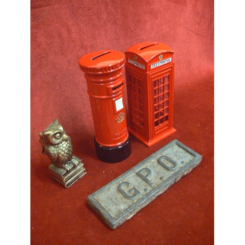 294 - DIE CAST RED PHONE BOX, AND ROYAL MAILBOX, TOGETHER WITH A BRASS OWL LIGHTER, AND A VINTAGE CAST GPO... 