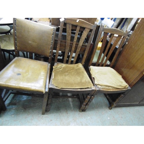 441 - 3 X VINTAGE CHAIRS. A PAIR WITH LEATHERETTE SEATS COVERED IN GOLD DRALON. AND ANOTHER WITH LEATHERET... 