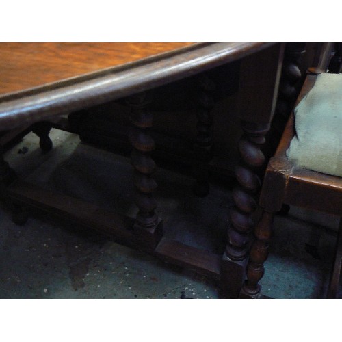 447 - VINTAGE OAK OVAL DROP-LEAF TABLE WITH BARLEYTWIST LEGS. ALSO 2 OAK CHAIRS WITH LEATHERETTE SEATS[1 C... 