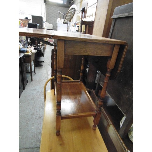 468 - SMALL STURDY DROP-LEAF TABLE, WITH STRONG METAL HINGE MECHANISM. APPEARS TO BE OAK BASE WITH PLYWOOD... 