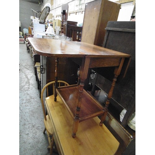 468 - SMALL STURDY DROP-LEAF TABLE, WITH STRONG METAL HINGE MECHANISM. APPEARS TO BE OAK BASE WITH PLYWOOD... 