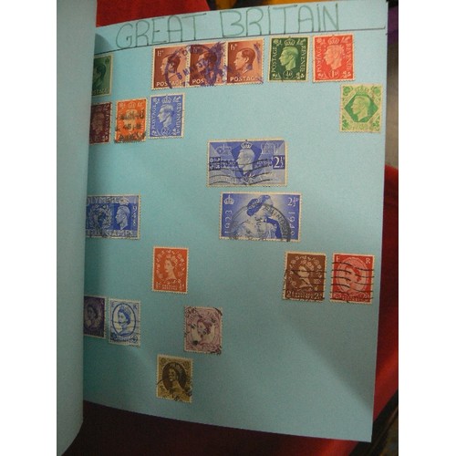 302 - STAMP ALBUM CONTAINING STAMPS, ALSO LOOSE STAMPS SORTED INTO COUNTRIES.