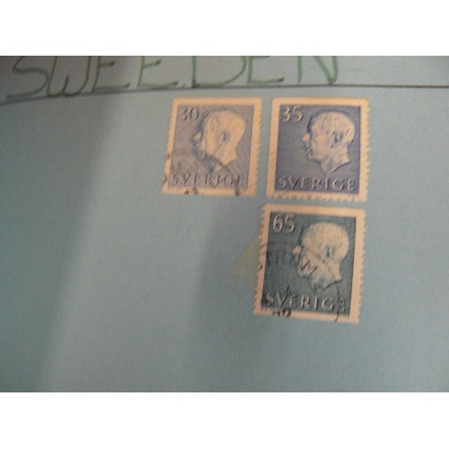 302 - STAMP ALBUM CONTAINING STAMPS, ALSO LOOSE STAMPS SORTED INTO COUNTRIES.