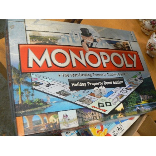 305 - STACK OF BOARD GAMES, INC MONOPOLY FORTNIGHT, MONOPOLY PROPERTY BOND EDITION, TRIVIAL PURSUIT, DOCTO... 