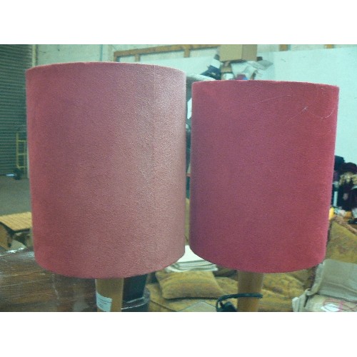 341 - PAIR OF TABLE LAMPS. TEAK/CHROME. RED FAUX SUEDE SHADES, FADED ON 1 SIDE.