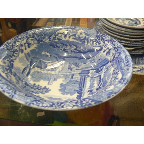 361 - LARGE BLUE & WHITE 'WILLOW PATTERN STYLE' POTTERY COLLECTION. PLATES, LIDDED JARS, BOWLS, VASES, JUG... 