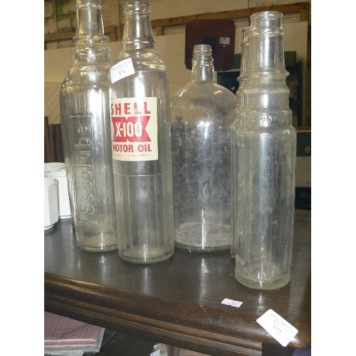 371 - 6 X LARGE VINTAGE GLASS BOTTLES, INC ESSOLUBE & SHELL X-100 MOTOR OIL.