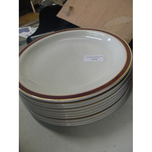 379 - SET OF 10 X SAMPSONITE CHURCHILL CHINA PLATES. IVORY/BURGUNDY/GOLD.