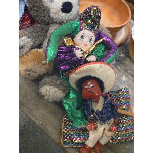 343 - TEDDY BEAR WITH CHRISTMAS JUMPER, WEE WILLIE WINKIE BEAR, AN OLD MEXICAN PUPPET, AND A HARLEQUIN.