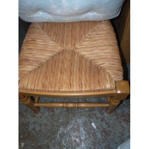 391 - WOODEN KITCHEN CHAIR WITH RUSH SEAT. 2 LOVELY PADDED CUSHIONS ATTACHED.