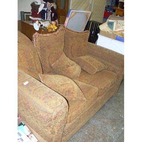 420 - LOVELY SOFA IN A RICH GOLD TAPESTRY FABRIC. WITH  LARGE CUSHIONS AND SMALLER SCATTER CUSHIONS.