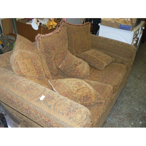 420 - LOVELY SOFA IN A RICH GOLD TAPESTRY FABRIC. WITH  LARGE CUSHIONS AND SMALLER SCATTER CUSHIONS.