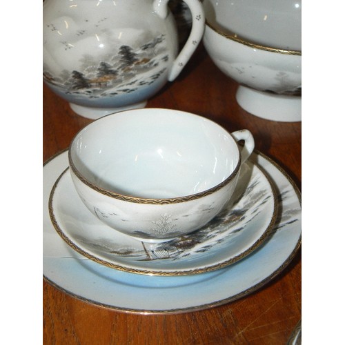 430 - ORIGINAL BONE CHINA TEA-SET. LOVELY ORIENTAL HILLSIDE SCENE WITH HOUSES ON STILTS. WE ARE TOLD: ORIG... 