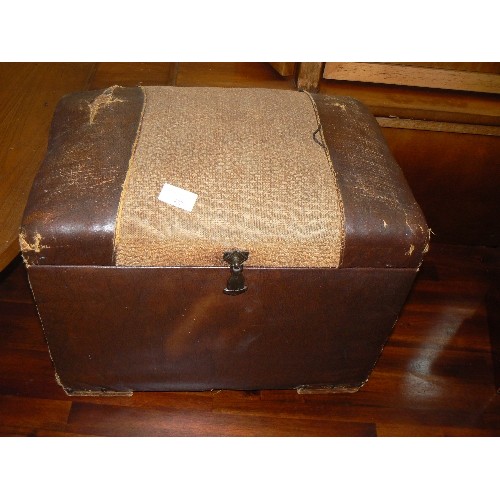 432 - UNUSUAL SMALL DECO OTTOMAN/STORAGE BOX, COVERED IN FAUX LEATHER WITH PADDED SEAT.