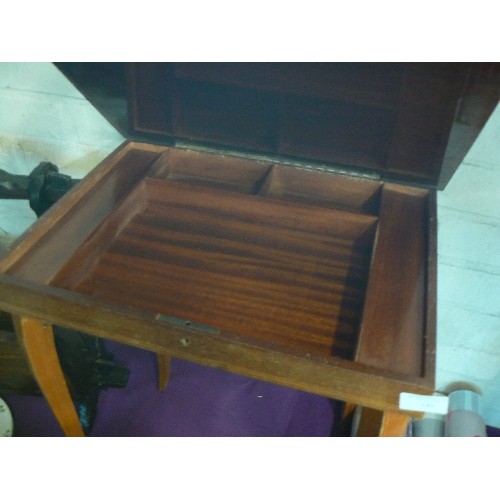 149 - INLAID MUSICAL SEWING/CRAFT BOX ON TALL LEGS. INNER COMPARTMENTS.