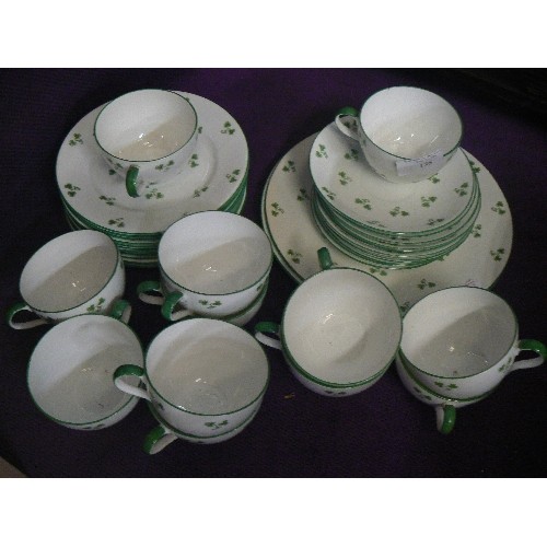 156 - FOLEY CHINA TEASET, WITH 4 LEAF CLOVER DESIGN. IN GREEN AND WHITE.