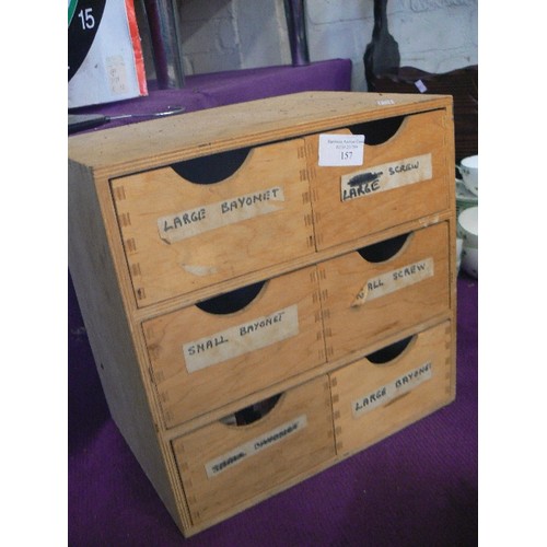 157 - SMALL WOODEN 6 DRAWER CHEST. LABELLED 'LARGE BAYONET' SMALL BAYONET ETC. 1 DRAWER CONTAINS SMALL HAL... 