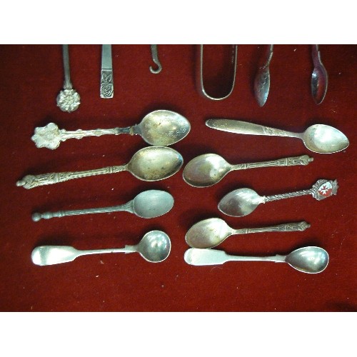 160 - BOX OF VINTAGE APOSTLE SPOONS, SUGAR NIPS, KITHURST SPIKES ETC.