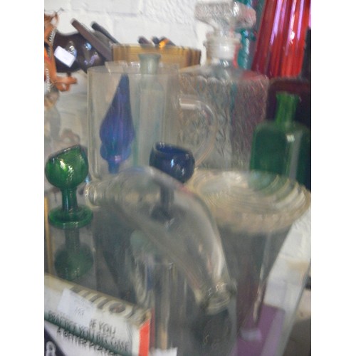 162 - COLLECTION OF VINTAGE GLASS. INC VERY TALL VASES, DECANTERS, EYE-BATHS, BOTTLES ETC