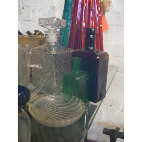 162 - COLLECTION OF VINTAGE GLASS. INC VERY TALL VASES, DECANTERS, EYE-BATHS, BOTTLES ETC