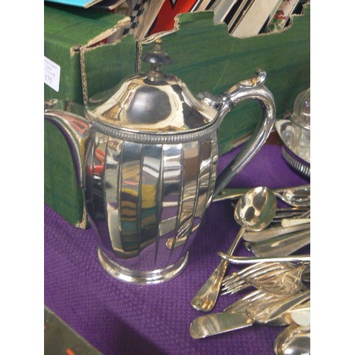 176 - GOOD QUALITY SILVER-PLATE, INC ELEGANT CONDIMENT SET ON SMALL TRAY, TEAPOT, CUTLERY ETC.