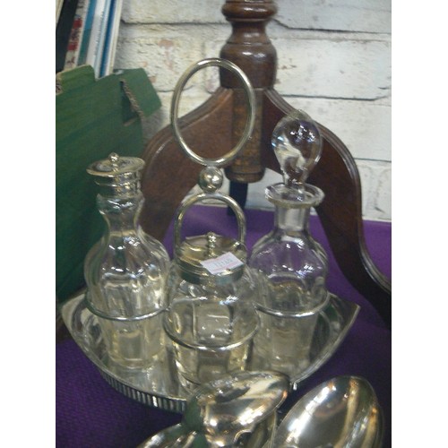 176 - GOOD QUALITY SILVER-PLATE, INC ELEGANT CONDIMENT SET ON SMALL TRAY, TEAPOT, CUTLERY ETC.