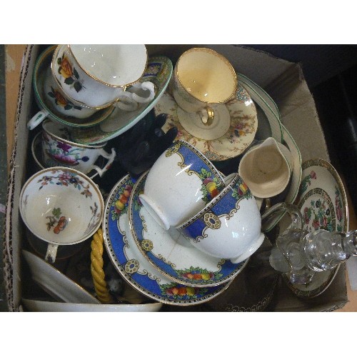 226 - 2 BOXES OF MIXED ANTIQUE AND VINTAGE CHINA AND GLASS, INC COLCLOUGH, PARAGON CHINA, CRINOLIN LADY, A... 