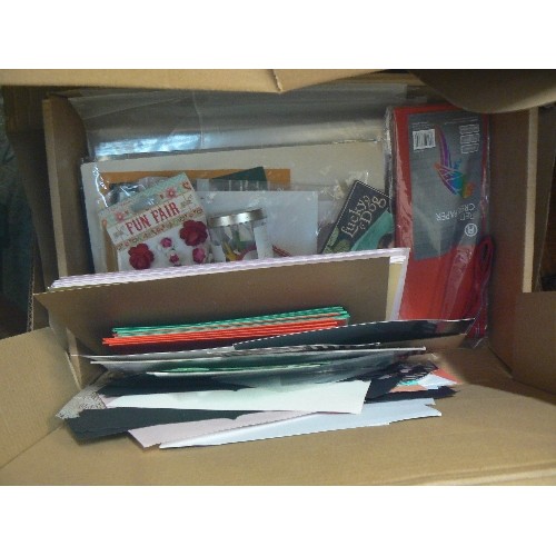 465 - 2 BOXES OF CRAFT PAPER, FOIL SHEET, BIRTHDAY CARD KITS, COLOURED CARD SHEETS, CREPE PAPER, LASTIC WA... 