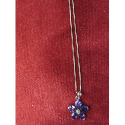 30 - SILVER 925 CHAIN WITH PURPLE GLASS FLOWER PENDANT