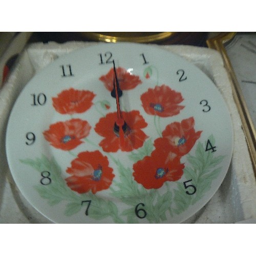 530 - 4 WALL CLOCKS- BELLS, JOHN BULL BITTER, PORCELAIN WITH POPPIES , PRESIDENT AND A STAIGER CARRIGE CLO... 